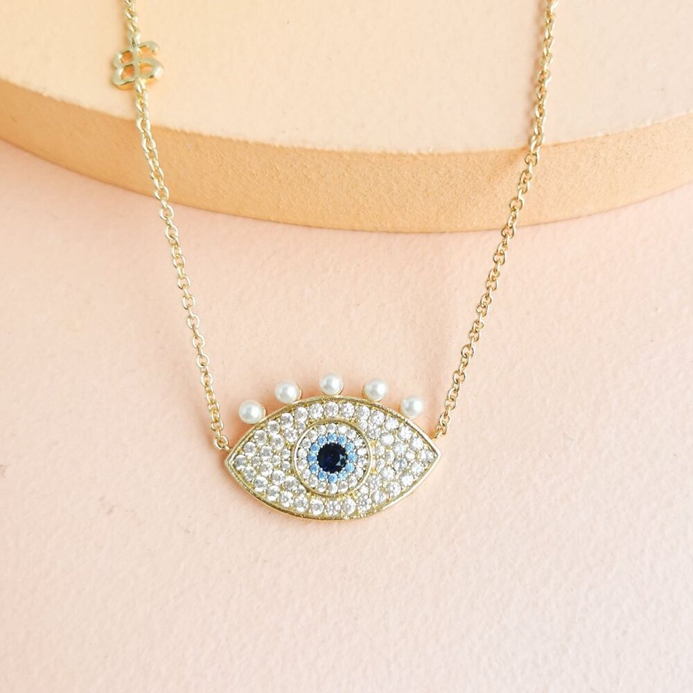 Alicia Bonnie - Sophia Evil Eye Zirconia & Pearl Gold Eye Pendant Necklace - NEW